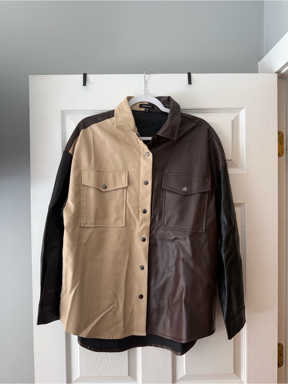 Mittoshop Colorblock Faux Leather Shirt Jacket